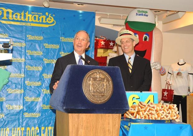 Mayor Bloomberg, Major League Eating's George Shea, and Old Frankster